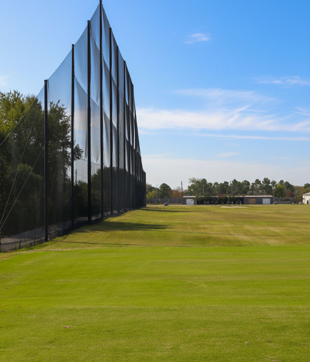 custom golf course netting at BlackHorse Golf & Country Club, showing the driving range, golfers practicing, and parking area.