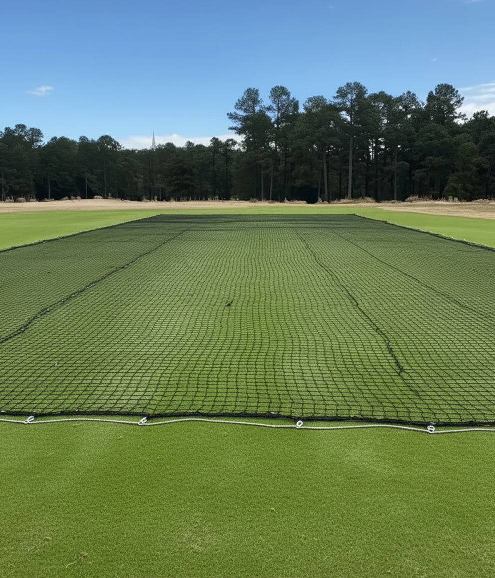 Custom golf course net installation at Pinehurst Golf Course, designed to enhance driving range safety.