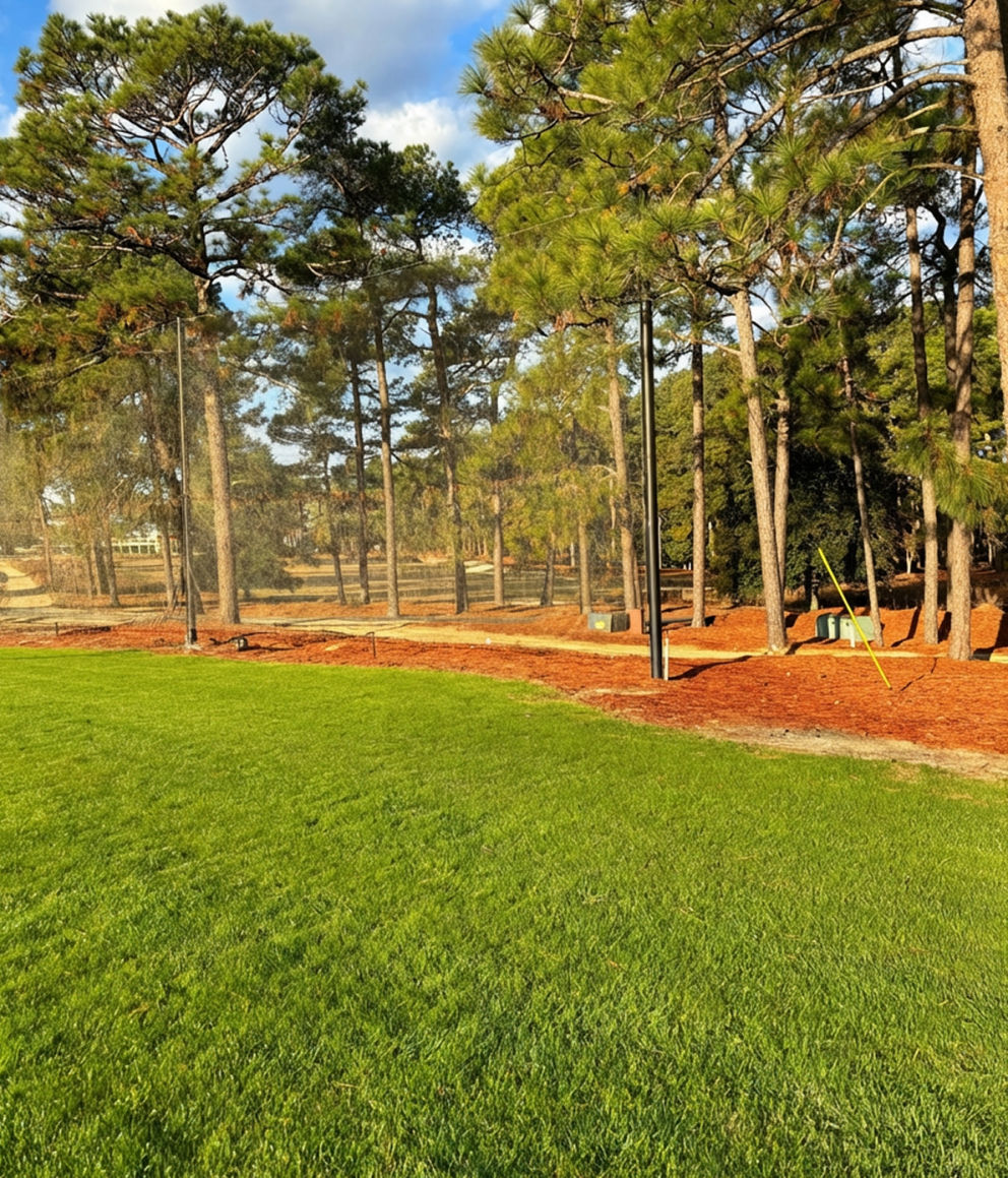 Custom golf course netting installed by Nets of Texas at a driving range, blending safety netting with the surrounding pine landscape