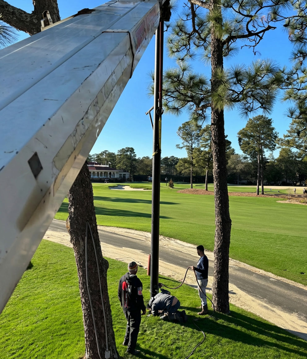 Custom golf course netting installed by Nets of Texas at a driving range, blending safety netting with the surrounding pine landscape