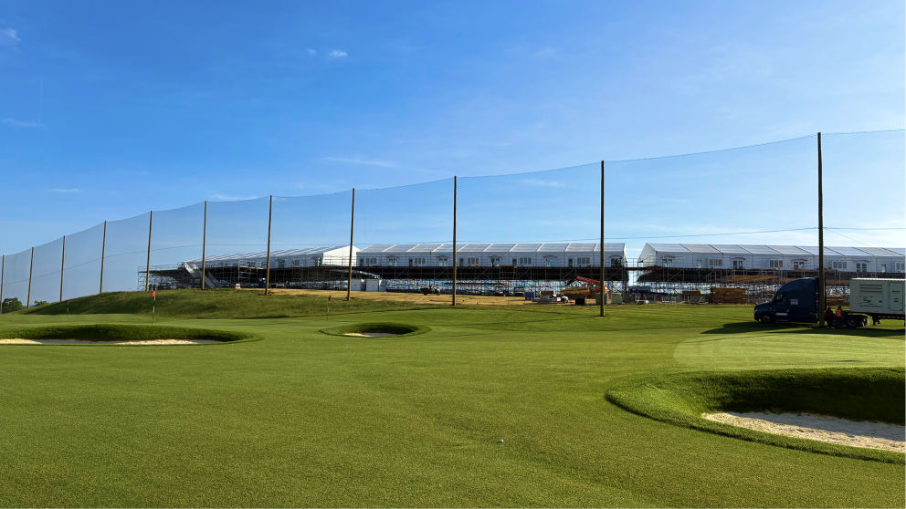 Custom golf course net installation at Pinehurst Golf Course, designed to enhance driving range safety.