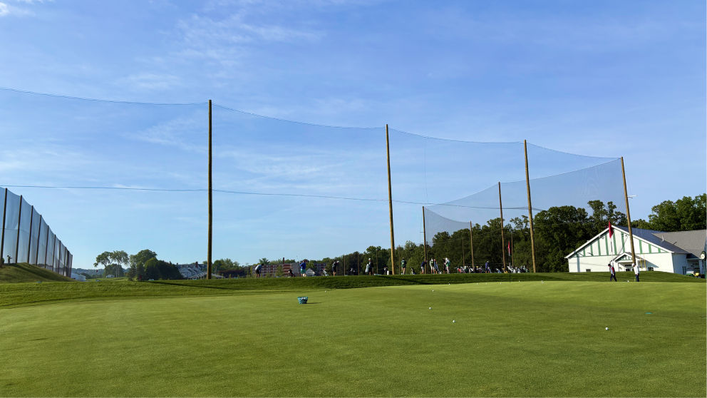Custom golf course net installation at Pinehurst Golf Course, designed to enhance driving range safety.