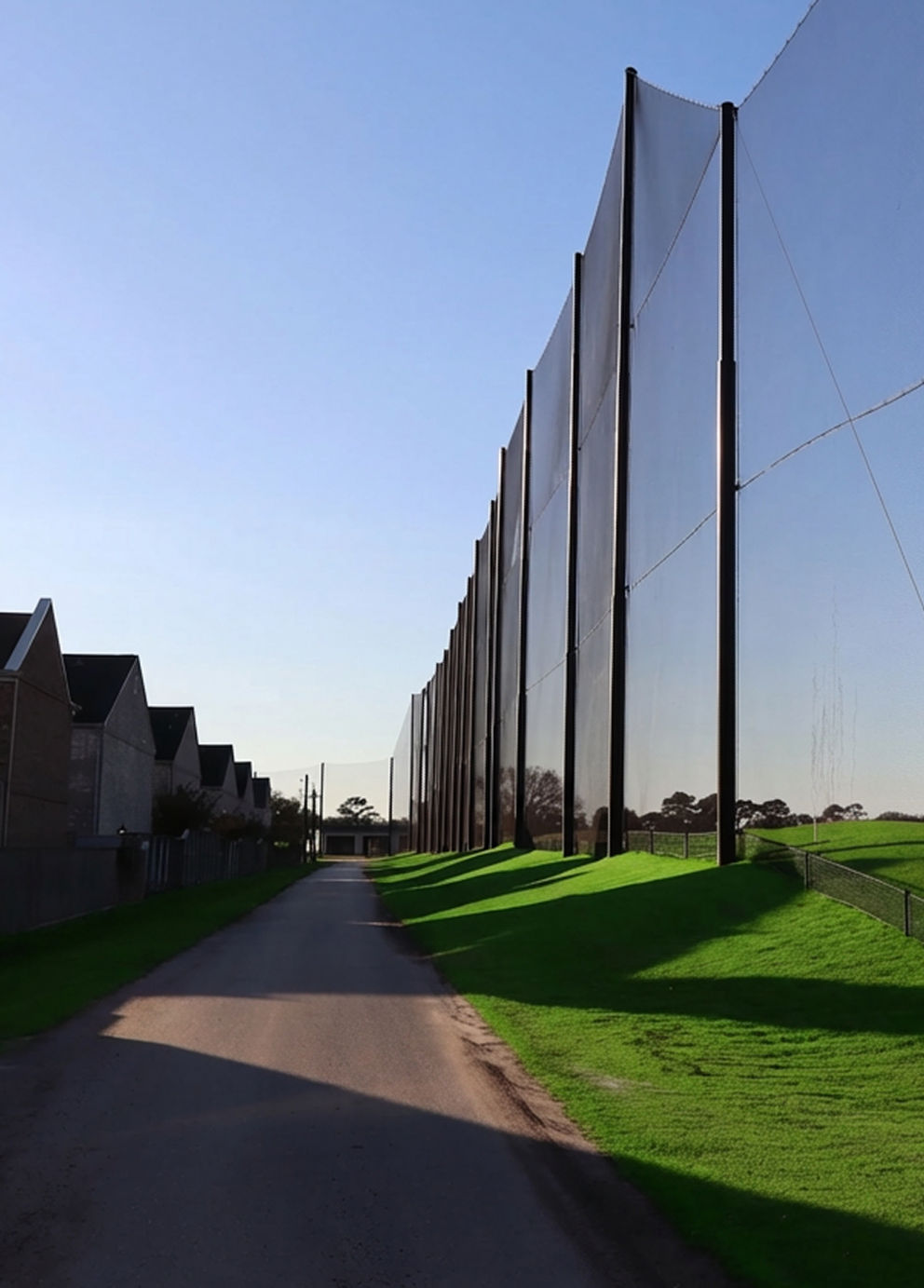 Tall custom golf course netting installed along a driving range boundary to protect nearby walkways and properties.
